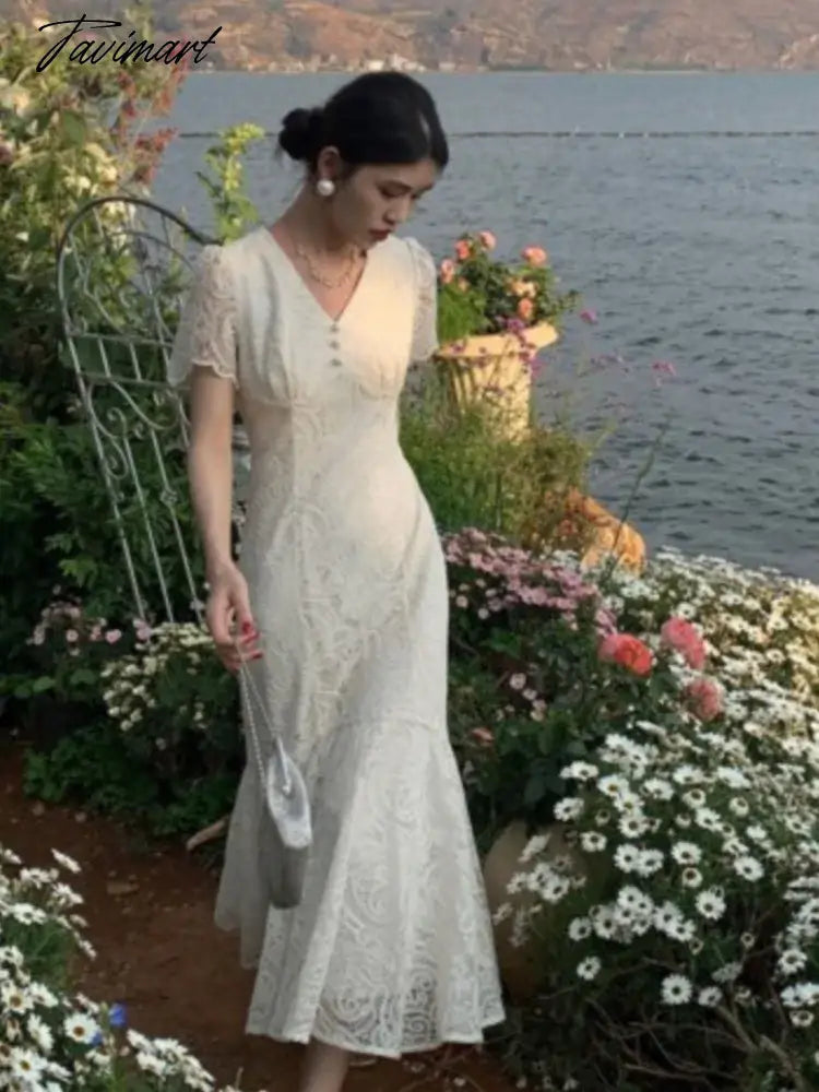 Summer Elegant Lace Slim Women Prom Dress New French Style Short Sleeve V-neck Outfits Vintage Wedding Mermaid Robe