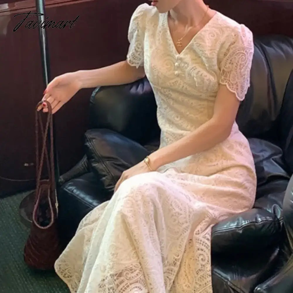 Summer Elegant Lace Slim Women Prom Dress New French Style Short Sleeve V-neck Outfits Vintage Wedding Mermaid Robe