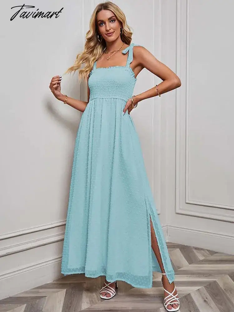Summer Elegant Party Dress Women Strap Sexy Dots Slit Dresses Sleeveless Maxi Long Dress Ladies
