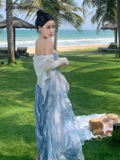 Summer Elegant Sleeveless Backless A-line Slip Dress Retro Blue Tie Dye Slim Ruffles Irregular Party Long Dresses For Women