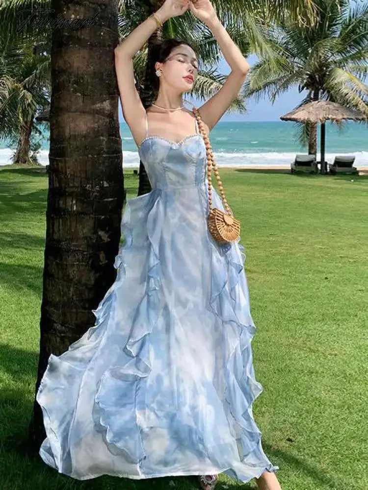 Summer Elegant Sleeveless Backless A-line Slip Dress Retro Blue Tie Dye Slim Ruffles Irregular Party Long Dresses For Women