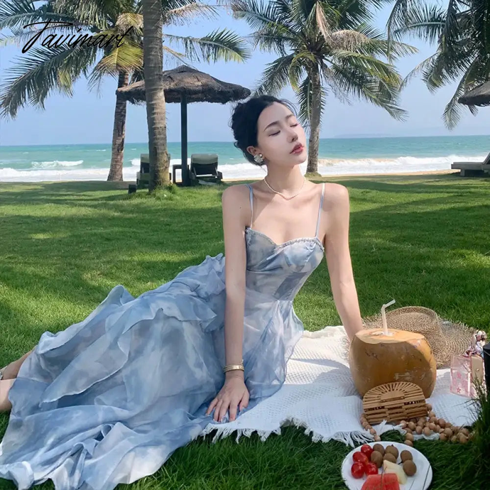 Summer Elegant Sleeveless Backless A-line Slip Dress Retro Blue Tie Dye Slim Ruffles Irregular Party Long Dresses For Women