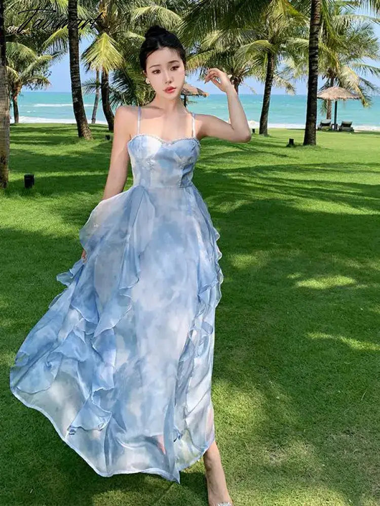 Summer Elegant Sleeveless Backless A-line Slip Dress Retro Blue Tie Dye Slim Ruffles Irregular Party Long Dresses For Women