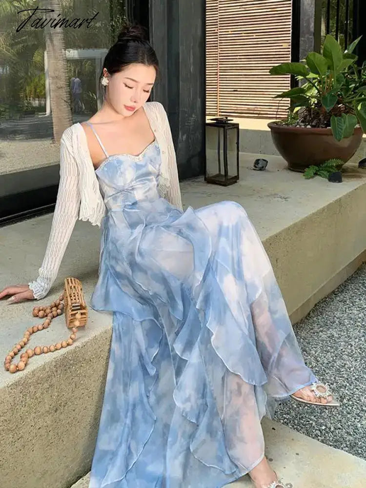 Summer Elegant Sleeveless Backless A-line Slip Dress Retro Blue Tie Dye Slim Ruffles Irregular Party Long Dresses For Women