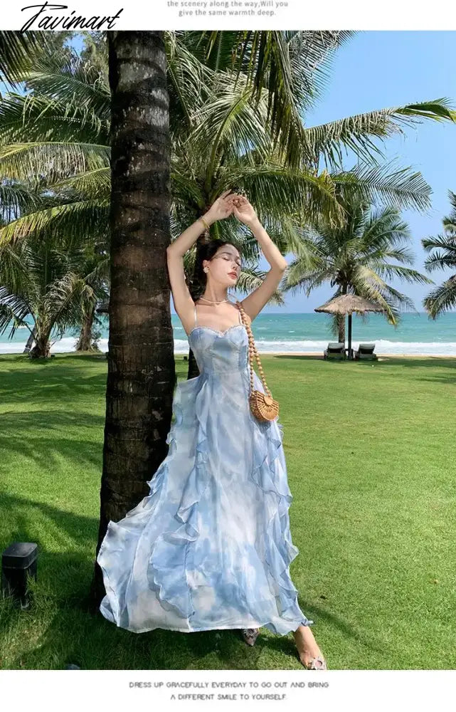 Summer Elegant Sleeveless Backless A-line Slip Dress Retro Blue Tie Dye Slim Ruffles Irregular Party Long Dresses For Women