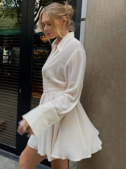Summer Fall Women Elegant High Waist Tunics Mini Shirt Dresses Ladies Turn-down Collar Long Sleeve Corset Dress Streetwear