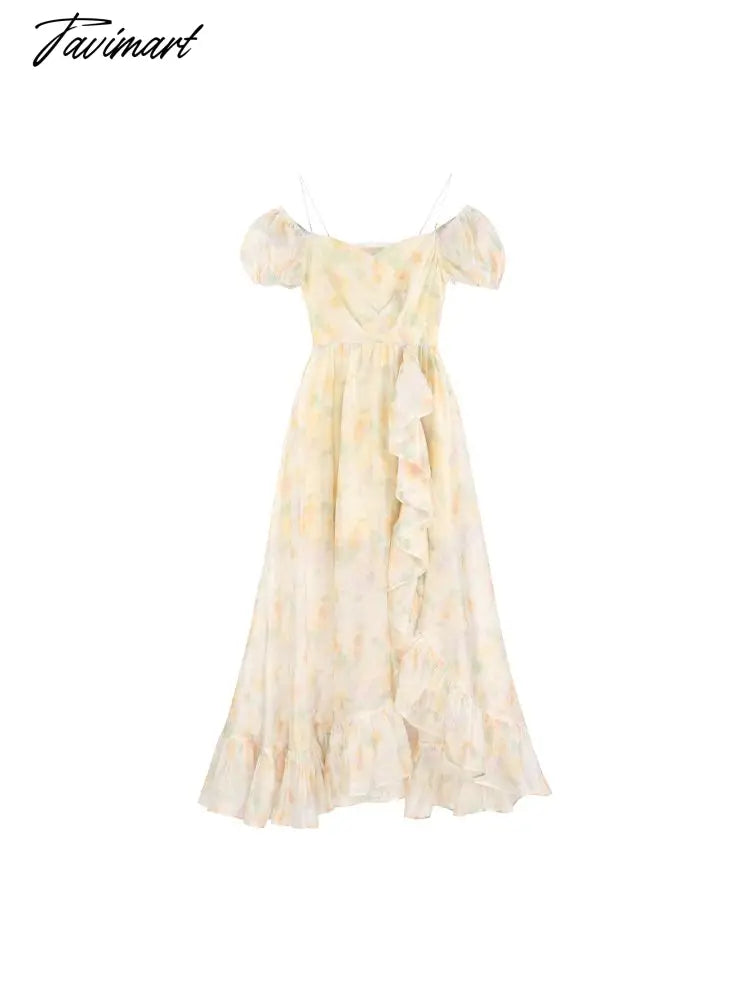 Summer Floral Korean Style Ruffles Dress Women Print Vintage Sweet Cute Fairy Dress Boho Casual France Evening Party Dress