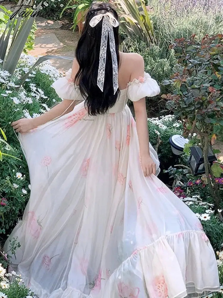 Summer Floral Print Fairy Dress Women Sexy Slash Neck Puff Sleeve High Waist Midi Dress Beach Holiday Maxi Dresses Korean