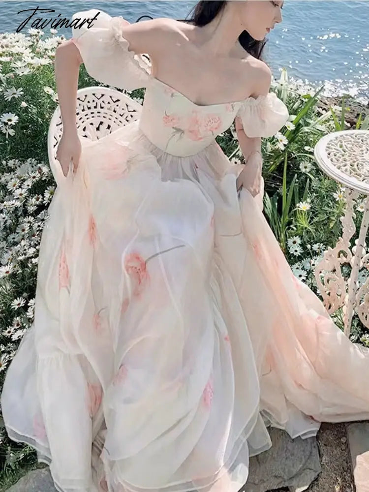 Summer Floral Print Fairy Dress Women Sexy Slash Neck Puff Sleeve High Waist Midi Dress Beach Holiday Maxi Dresses Korean