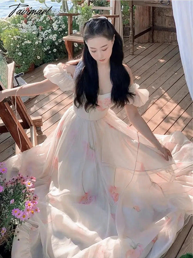 Summer Floral Print Fairy Dress Women Sexy Slash Neck Puff Sleeve High Waist Midi Dress Beach Holiday Maxi Dresses Korean