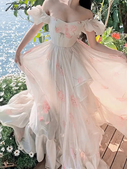 Summer Floral Print Fairy Dress Women Sexy Slash Neck Puff Sleeve High Waist Midi Dress Beach Holiday Maxi Dresses Korean