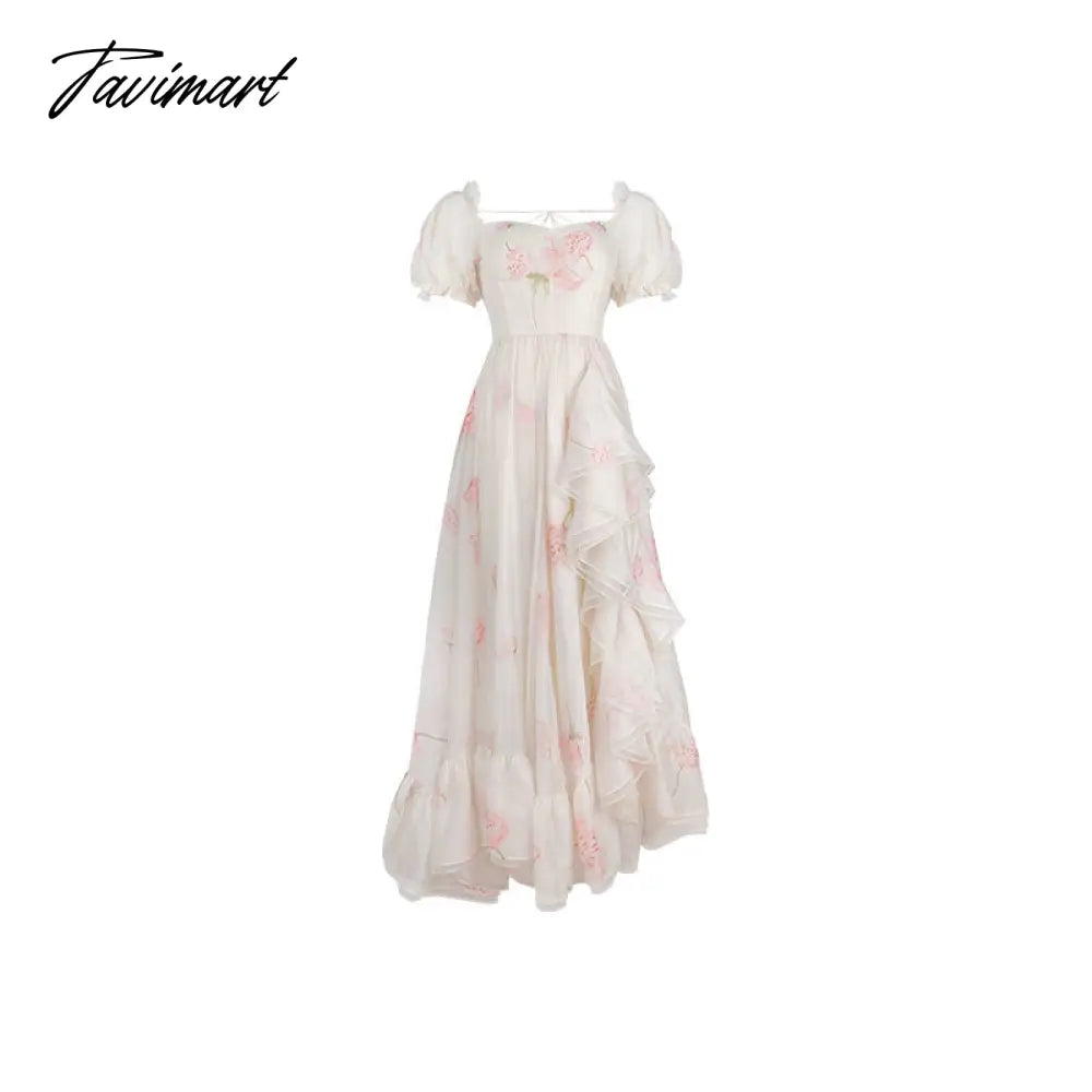 Summer Floral Print Fairy Dress Women Sexy Slash Neck Puff Sleeve High Waist Midi Dress Beach Holiday Maxi Dresses Korean