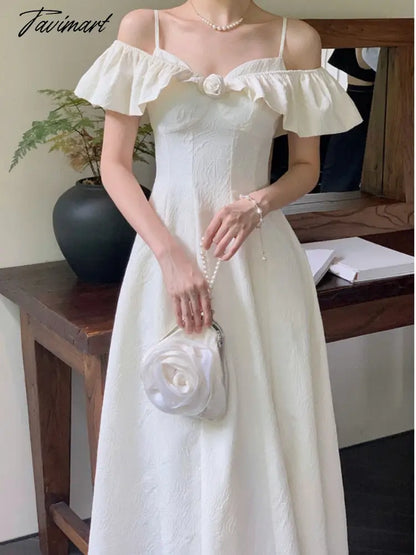 Summer French Vinatge Elegant Midi Dress Women Slash Neck Off Shoulder Ruffles Patchwork High Waist A-line Dresses Korean Robe
