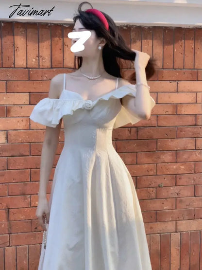 Summer French Vinatge Elegant Midi Dress Women Slash Neck Off Shoulder Ruffles Patchwork High Waist A-line Dresses Korean Robe