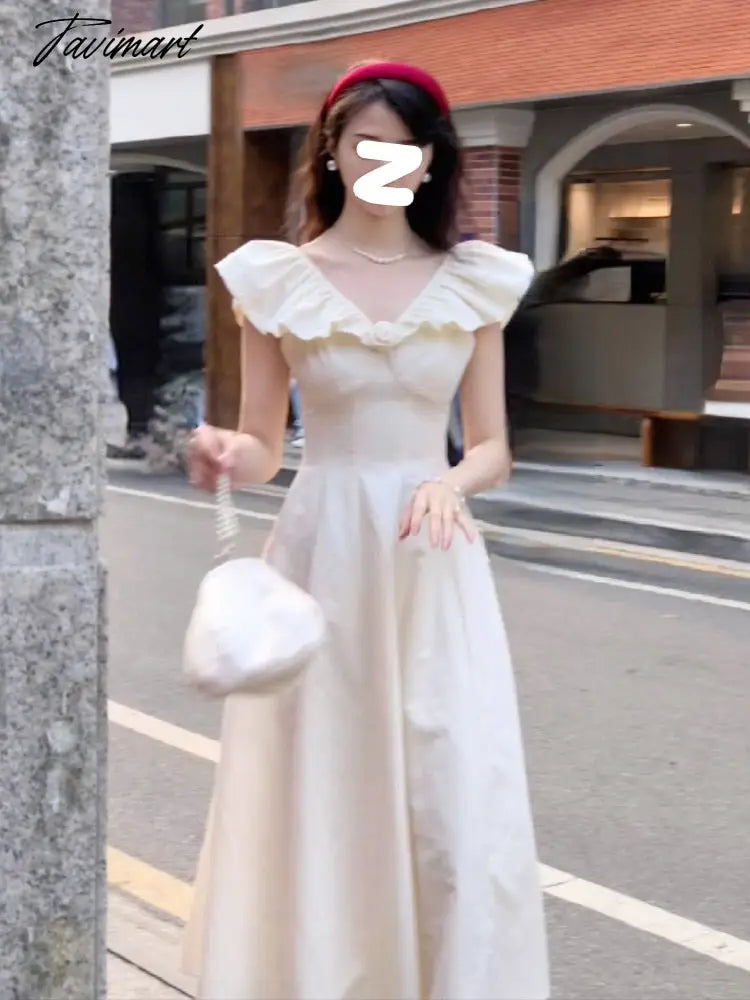 Summer French Vinatge Elegant Midi Dress Women Slash Neck Off Shoulder Ruffles Patchwork High Waist A-line Dresses Korean Robe