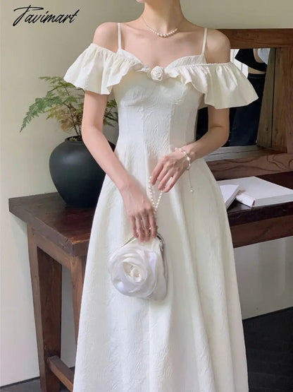 Summer French Vinatge Elegant Midi Dress Women Slash Neck Off Shoulder Ruffles Patchwork High Waist A-line Dresses Korean Robe