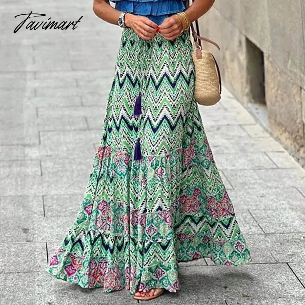 Summer High Waist Long Printed A-Line Skirt Floral Skirt Women Casual Beach Faldas Female Boho Elastic Waist Holiday Maxi Skirts