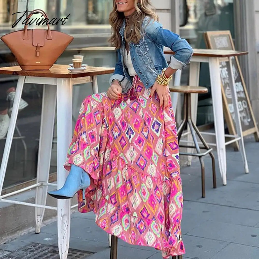Summer High Waist Long Printed A-Line Skirt Floral Skirt Women Casual Beach Faldas Female Boho Elastic Waist Holiday Maxi Skirts