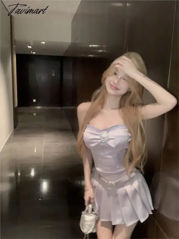 Summer Korean Style Fashion Set Sleeveless Strapless Backless Top Heart Flower Design Top+Pleated Solid Mini Skirts Two Pieces