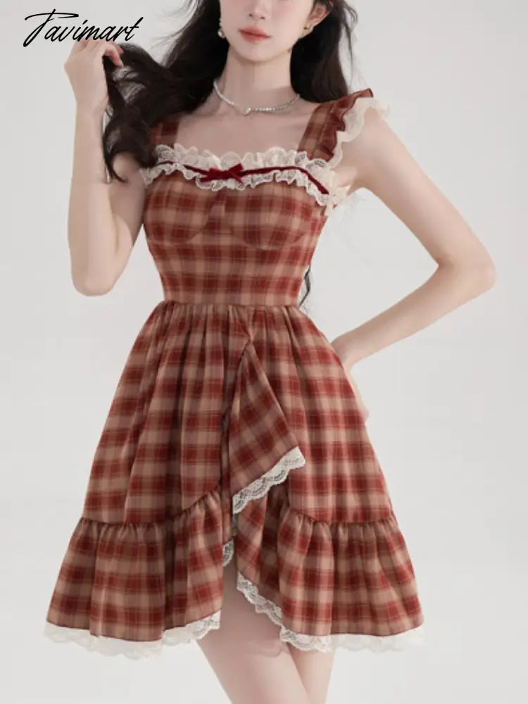 Summer Lace Fench Vintage Dress Women Red Plaid Elegant Sweet Mini Dress Female Holiday Bow-knot Retro Princess Dress New