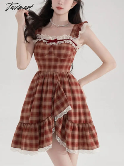 Summer Lace Fench Vintage Dress Women Red Plaid Elegant Sweet Mini Dress Female Holiday Bow-knot Retro Princess Dress New