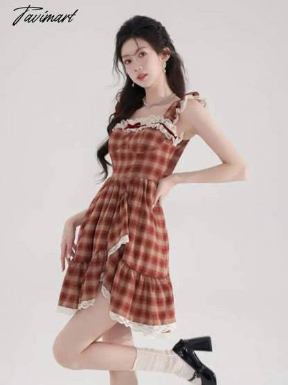 Summer Lace Fench Vintage Dress Women Red Plaid Elegant Sweet Mini Dress Female Holiday Bow-knot Retro Princess Dress New