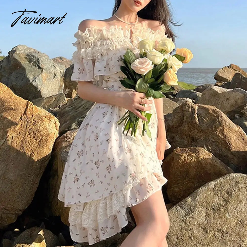 Summer Lace Print Sweet Strap Dress Women Irregular Ruffle Flounce Cute Mini Dress Female Chiffon Slash Neck Elegant Dress