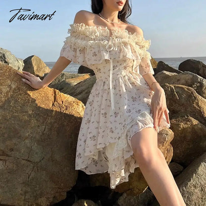 Summer Lace Print Sweet Strap Dress Women Irregular Ruffle Flounce Cute Mini Dress Female Chiffon Slash Neck Elegant Dress