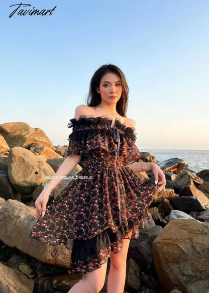 Summer Lace Print Sweet Strap Dress Women Irregular Ruffle Flounce Cute Mini Dress Female Chiffon Slash Neck Elegant Dress