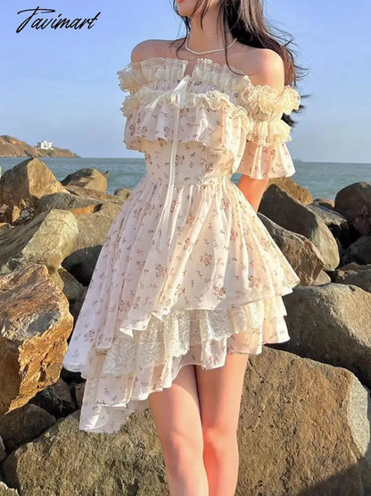 Summer Lace Print Sweet Strap Dress Women Irregular Ruffle Flounce Cute Mini Dress Female Chiffon Slash Neck Elegant Dress