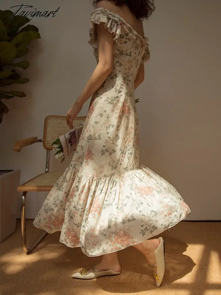 Summer Maxi Dress For Women Elegant Slim Sexy Slash Neck Floral Boho Dress Pleated Ruffles Holiday Birthday Dress Robe