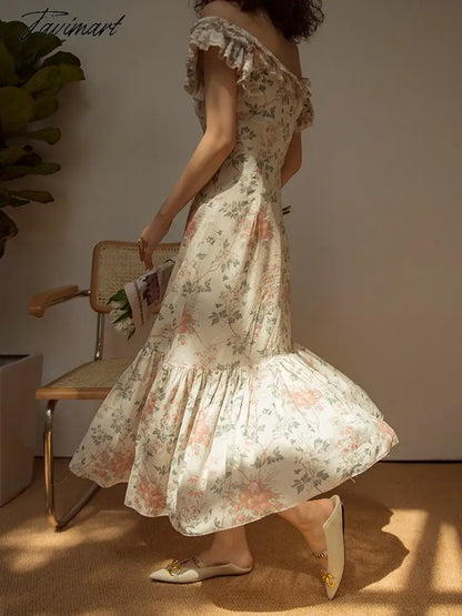 Summer Maxi Dress For Women Elegant Slim Sexy Slash Neck Floral Boho Dress Pleated Ruffles Holiday Birthday Dress Robe