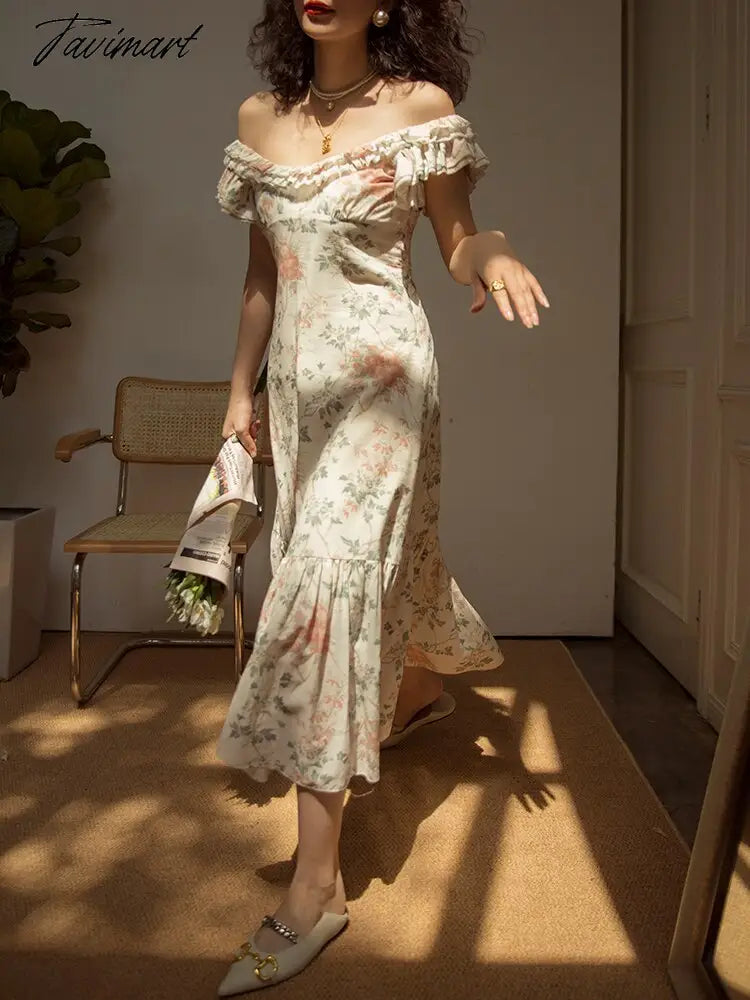 Summer Maxi Dress For Women Elegant Slim Sexy Slash Neck Floral Boho Dress Pleated Ruffles Holiday Birthday Dress Robe