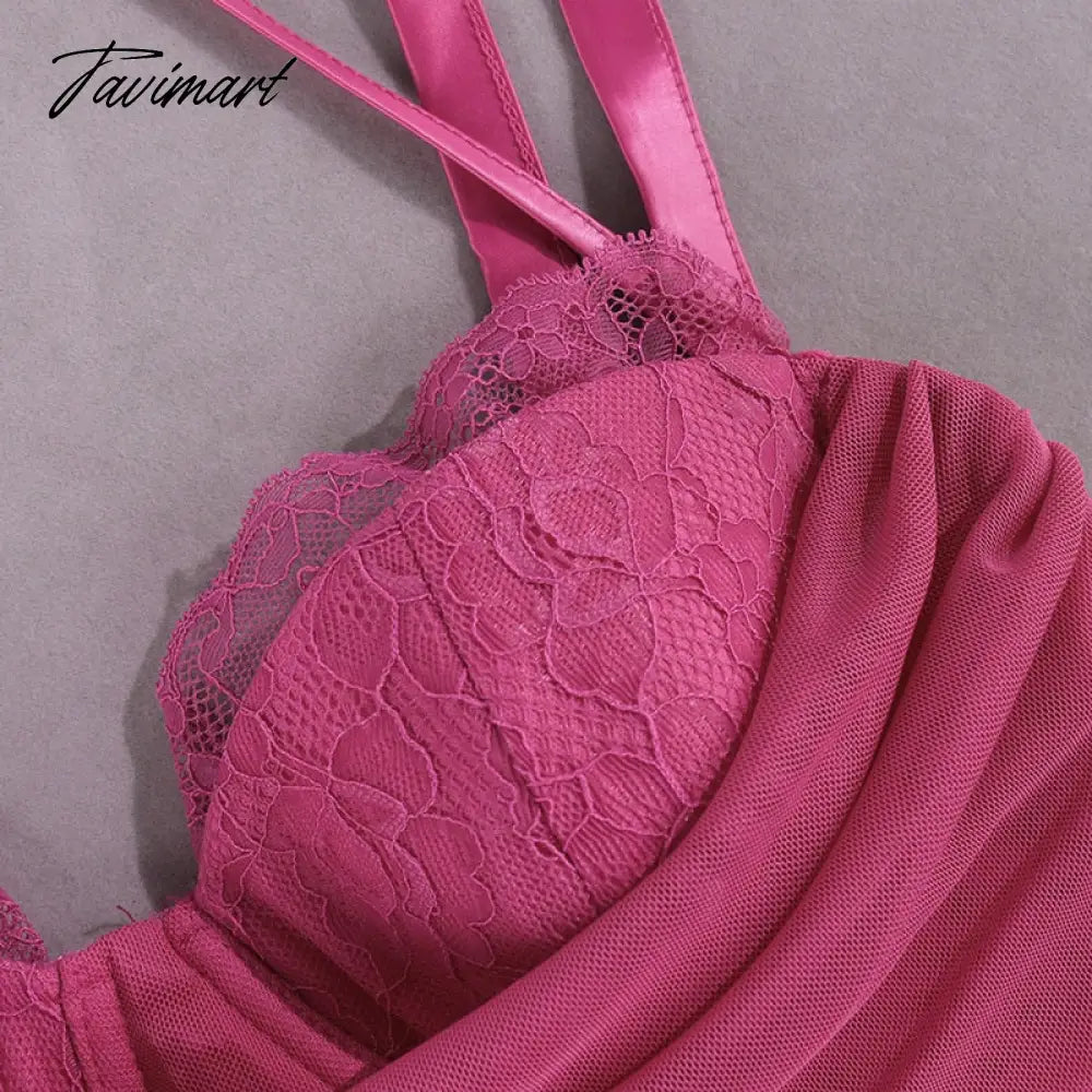Summer Mesh Cropped Top Sexy Elegant Lace Bodycon Top Pink Women Blouse with Fishbone and Pads