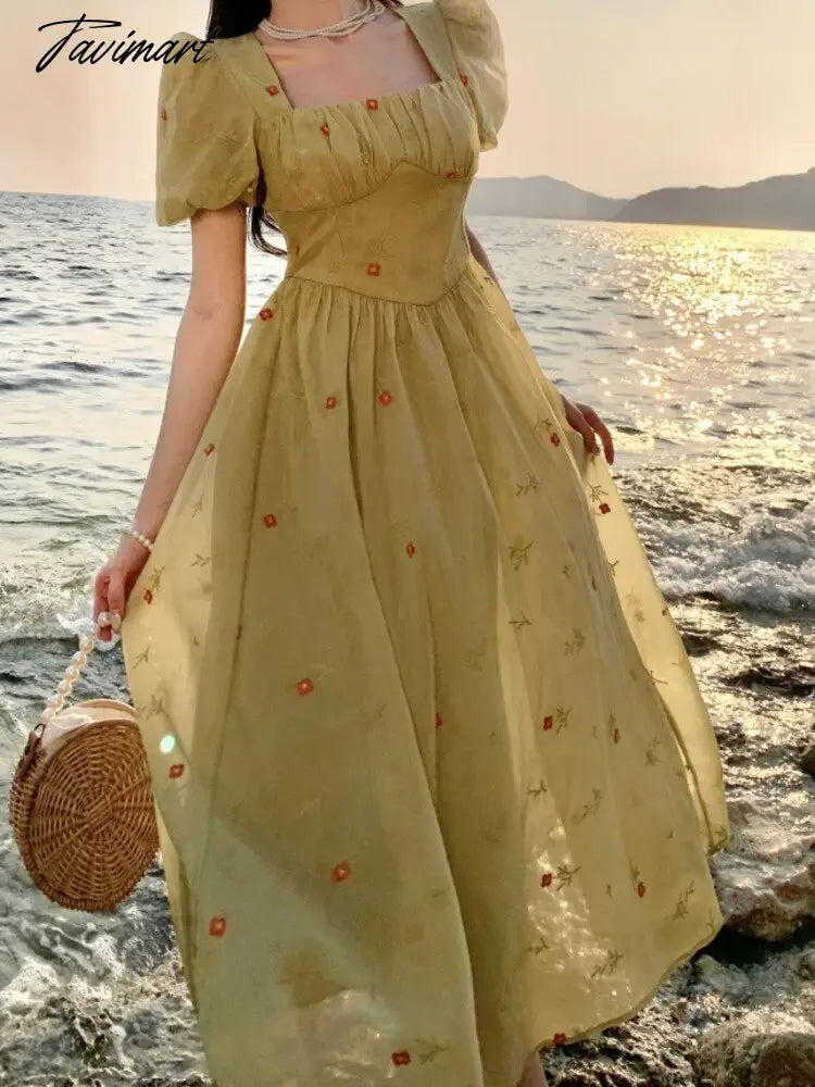 Summer Midi Dresses French Vintage Square Collar Puff Sleeve High Waist A-line Korean Casual Dress Women Sweet Fairy Long Dress