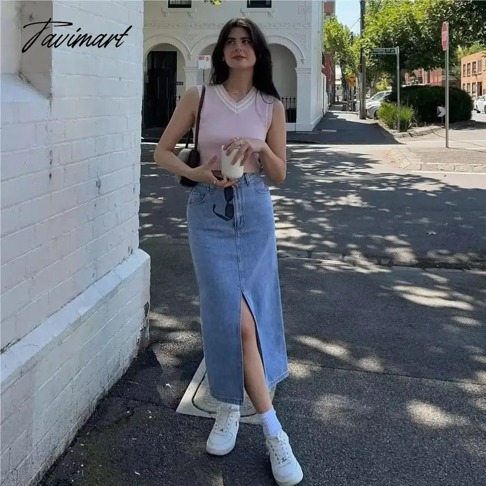 Summer Midi skirts vintage clothes korean skirts for women blue jeans skirt high waisted skirts woman denim skirt black slit
