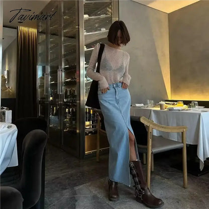 Summer Midi skirts vintage clothes korean skirts for women blue jeans skirt high waisted skirts woman denim skirt black slit