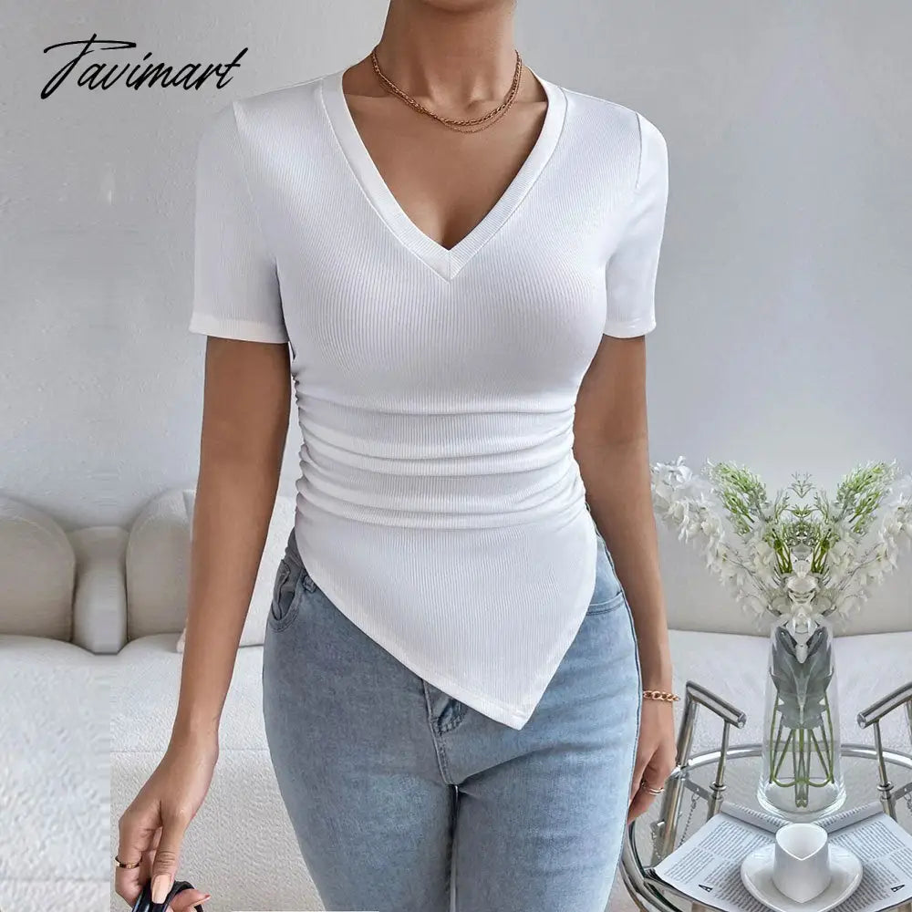 Summer New Design Sexy Solid Color V-Neck Slim-Fit Irregular Hem Knitted Short Sleeve Fashion Casual Women'S T-Shirt Top