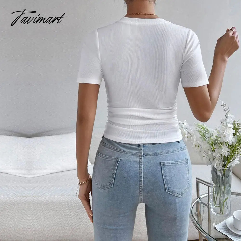 Summer New Design Sexy Solid Color V-Neck Slim-Fit Irregular Hem Knitted Short Sleeve Fashion Casual Women'S T-Shirt Top