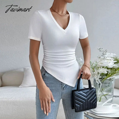 Summer New Design Sexy Solid Color V-Neck Slim-Fit Irregular Hem Knitted Short Sleeve Fashion Casual Women'S T-Shirt Top