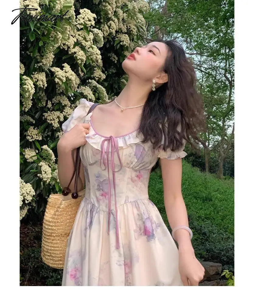 Summer New Fashion Print Dress For Women Vintage O Neck Puff Sleeve Lace-up Midi Dresses Female Clothing
