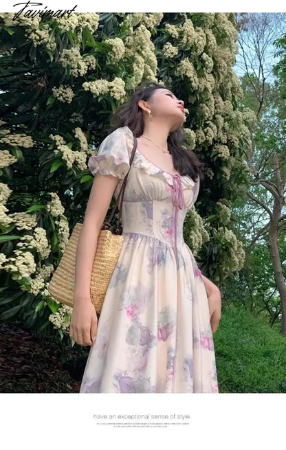 Summer New Fashion Print Dress For Women Vintage O Neck Puff Sleeve Lace-up Midi Dresses Female Clothing