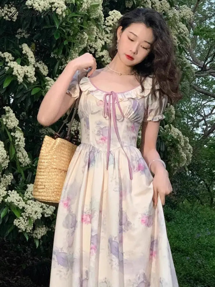Summer New Fashion Print Dress For Women Vintage O Neck Puff Sleeve Lace-up Midi Dresses Female Clothing