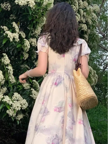 Summer New Fashion Print Dress For Women Vintage O Neck Puff Sleeve Lace-up Midi Dresses Female Clothing