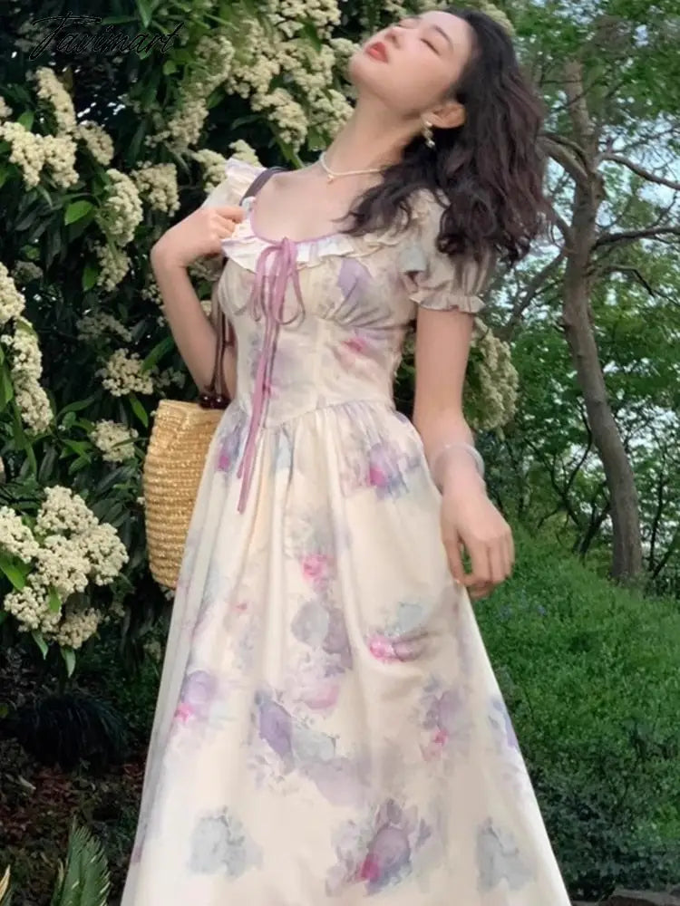 Summer New Fashion Print Dress For Women Vintage O Neck Puff Sleeve Lace-up Midi Dresses Female Clothing