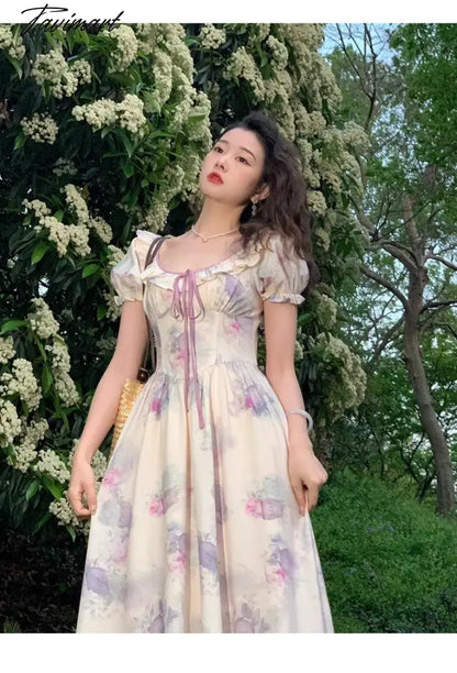 Summer New Fashion Print Dress For Women Vintage O Neck Puff Sleeve Lace-up Midi Dresses Female Clothing