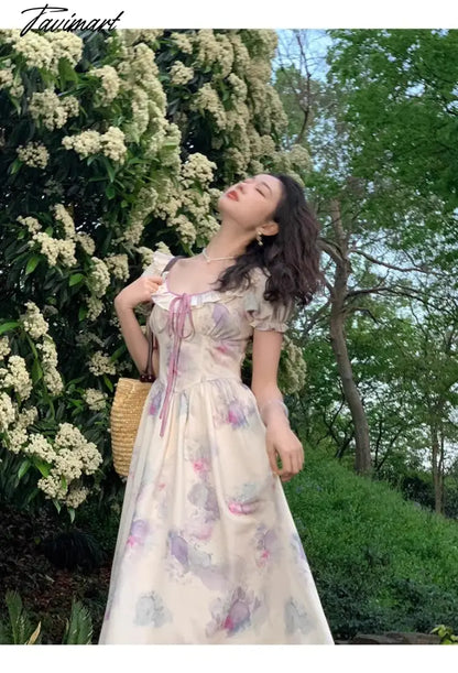 Summer New Fashion Print Dress For Women Vintage O Neck Puff Sleeve Lace-up Midi Dresses Female Clothing