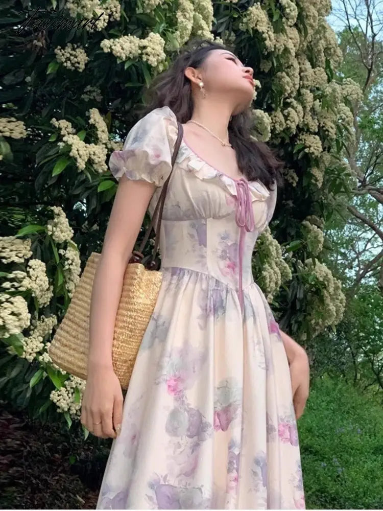 Summer New Fashion Print Dress For Women Vintage O Neck Puff Sleeve Lace-up Midi Dresses Female Clothing