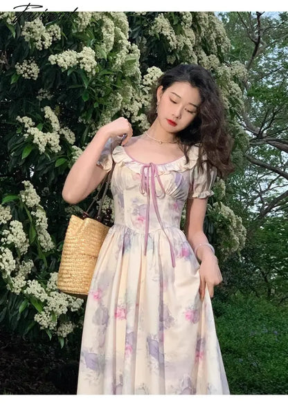 Summer New Fashion Print Dress For Women Vintage O Neck Puff Sleeve Lace-up Midi Dresses Female Clothing