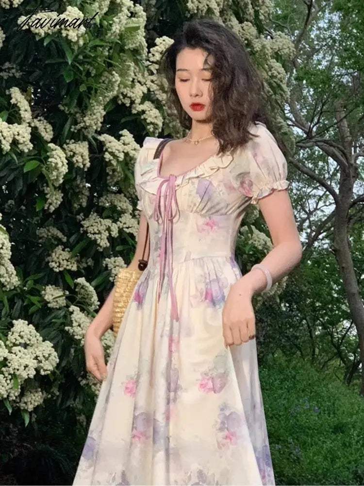 Summer New Fashion Print Dress For Women Vintage O Neck Puff Sleeve Lace-up Midi Dresses Female Clothing